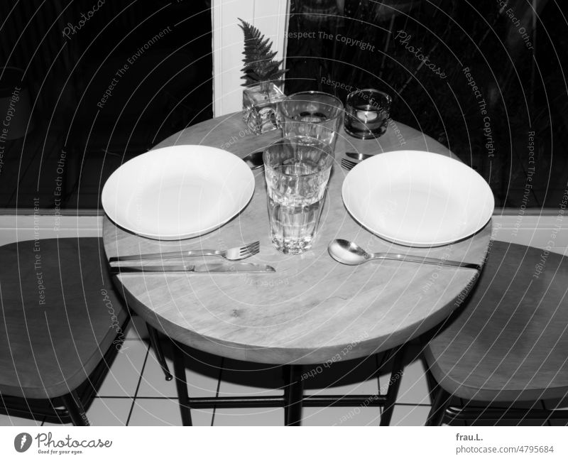 Distorted table Window Tea warmer candle Eating Cutlery Plate Table Glass Tumbler Glasses Vase Dinner Knives Fork Spoon Wooden table Soup plate Porcelain