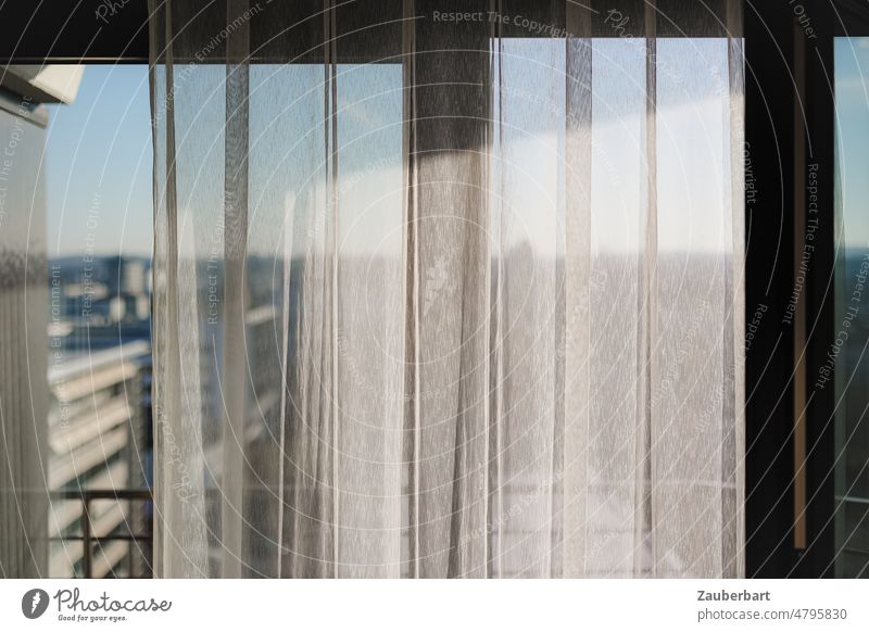 View on the window on city, curtains, shadow and light Looking Window Curtain Hotel Hotel window Town Shadow Light crease Morning Dreamily Calm Drape