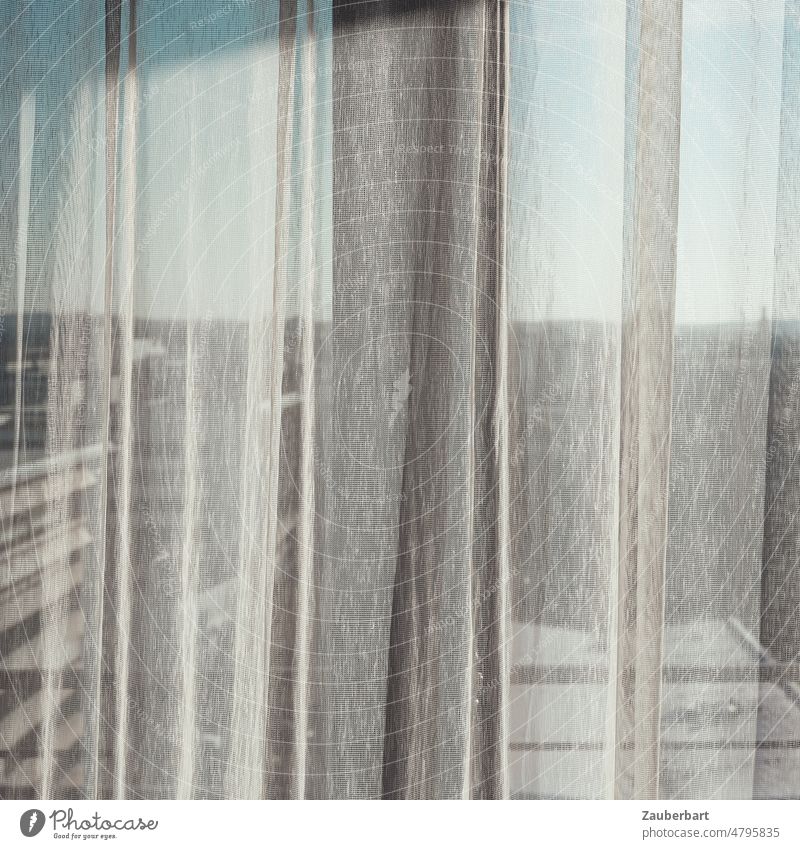 View on the window on city, curtains, shadow and light Looking Window Curtain Hotel Hotel window Town Shadow Light crease Morning Dreamily Calm Drape