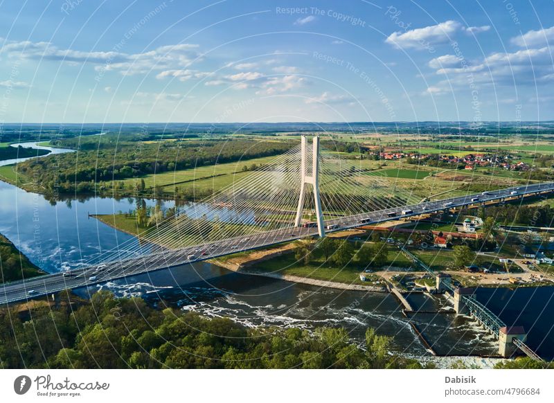 Large bridge over river with cars traffic aerial transport road highway landscape wroclaw redzinski nature bird eye view sky moving driving top city overhead