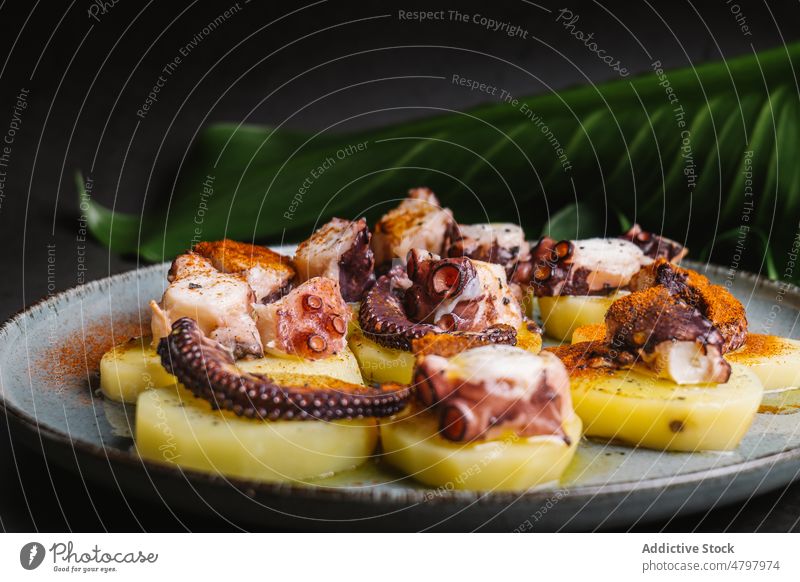 Octopus with potato on plate octopus tentacle seafood serve cuisine culinary dish meal product delicious leaf palatable portion delectable kitchen tasty yummy