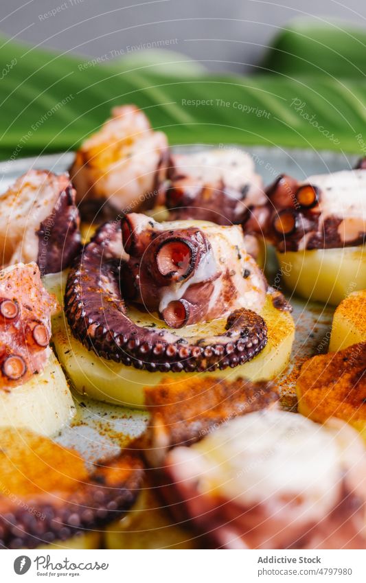 Octopus with potato on plate octopus tentacle seafood serve cuisine culinary dish meal product delicious leaf palatable portion delectable kitchen tasty yummy