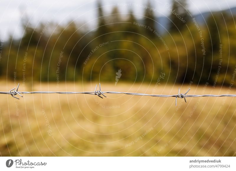 A closeup shot of a barbed metal wire with a mountain on the background steel security fence sky sharp danger protection border blue barrier summer boundary