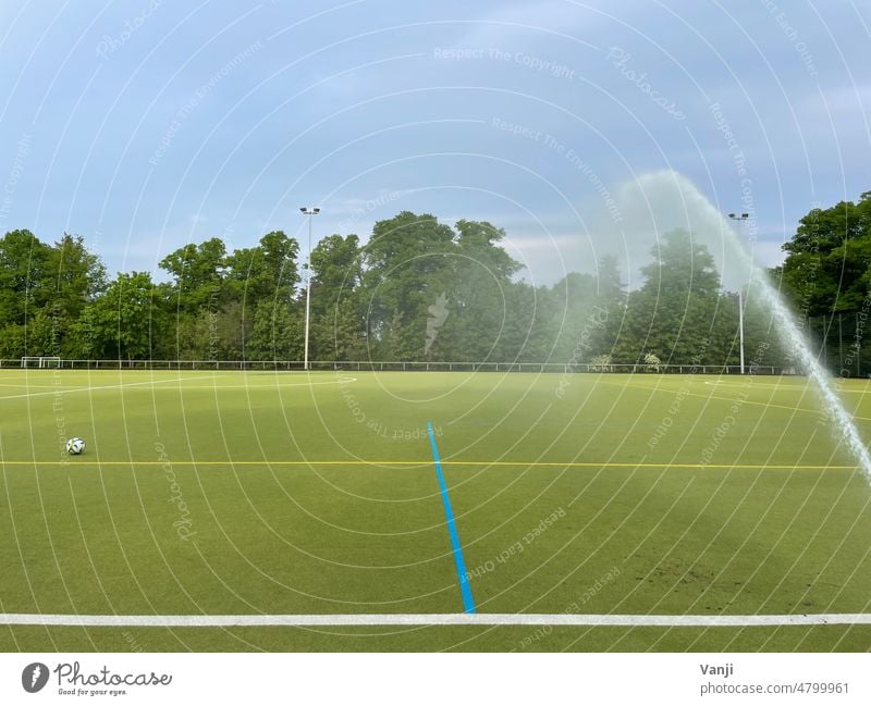 Empty soccer field with water sprinkler 2 Lawn Artificial lawn Green Foot ball Sports Line Football pitch Ball sports Sporting grounds Playing field