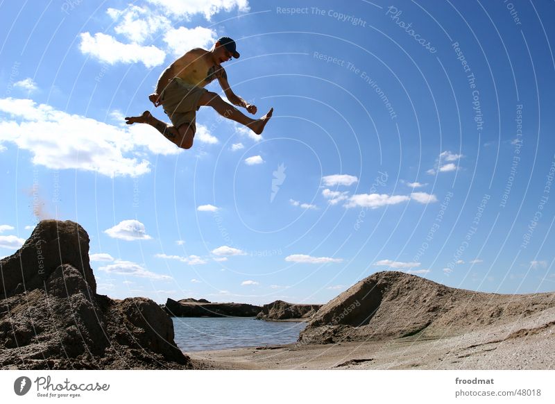 don't know where to go... Jump Action Summer Joie de vivre (Vitality) Clouds Exuberance high Tall Mining Sand Water Beautiful weather Sun Sky Desert Tattoo Joy