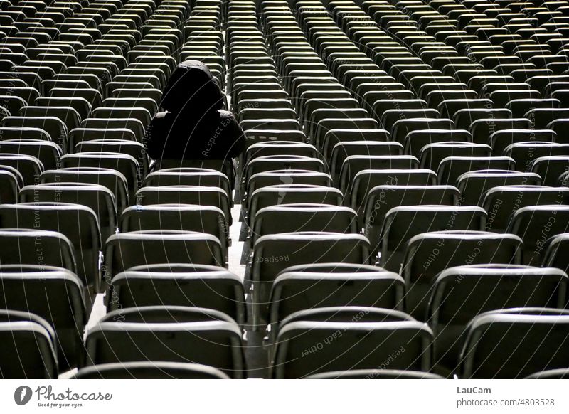 free choice of seats Chair Row Row of chairs shape by oneself Lonely Loneliness void Audience Row of seats Seating Places Sit Dark somber Mysterious