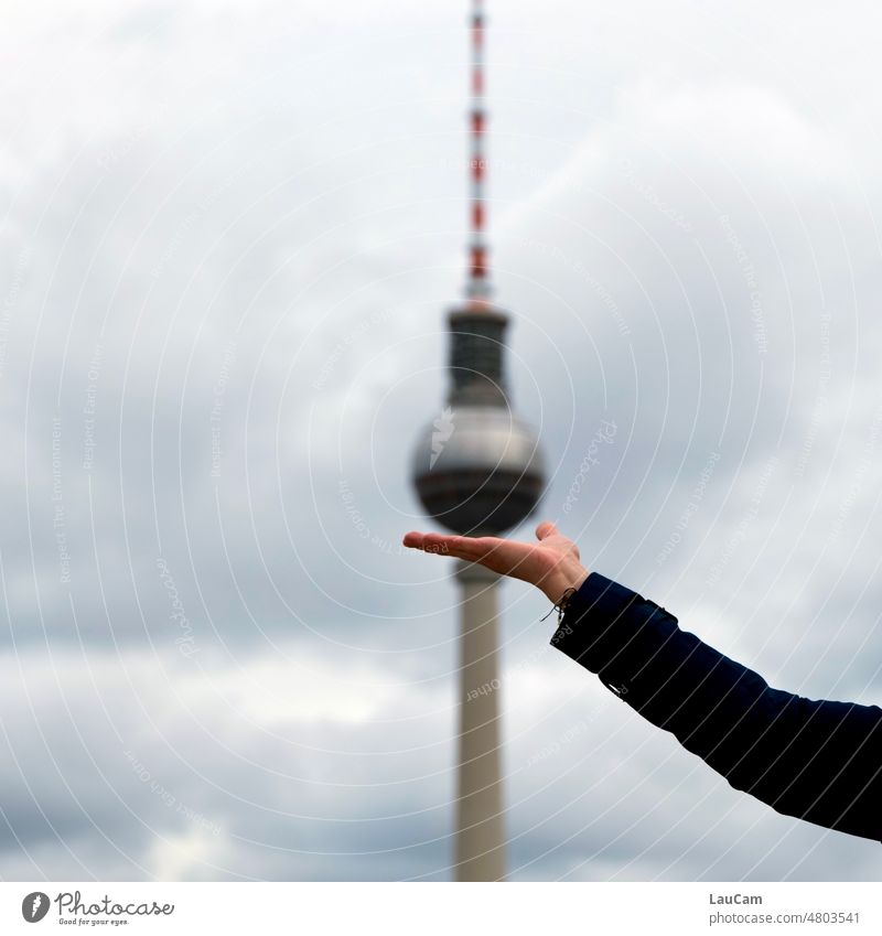 lightweight Television tower Alexanderplatz alex Hand Hover Sphere Sky Clouds cloudy arm Berlin TV Tower Landmark Downtown Berlin Capital city Sightseeing