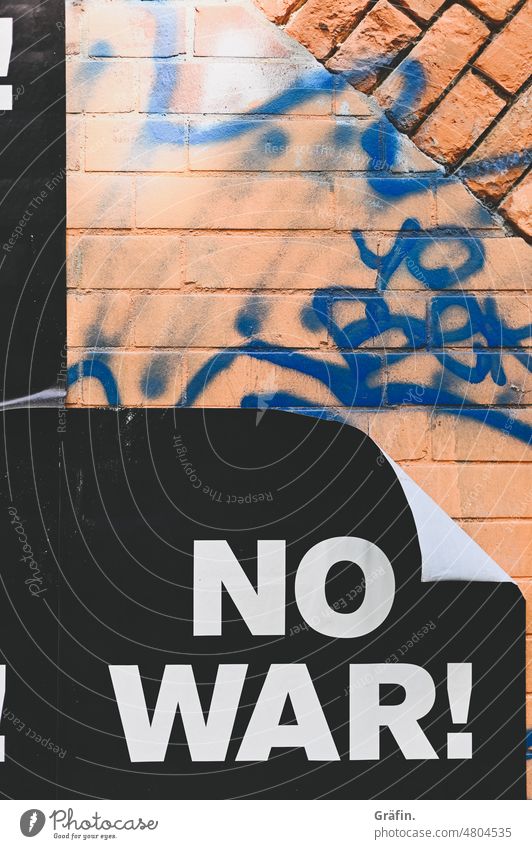 NO WAR Poster Remark call Placarding no war Wall (barrier) Characters Typography Black Blue Red Exterior shot daylight Colour photo Deserted Graffiti