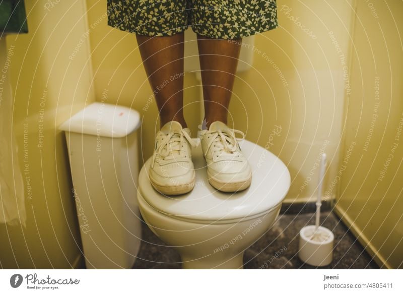 [hansa BER 2022] Sometimes there are also women in the toilet Toilet john Stand Bathroom Woman feminine toilet lid unusual Whimsical wittily feet Legs
