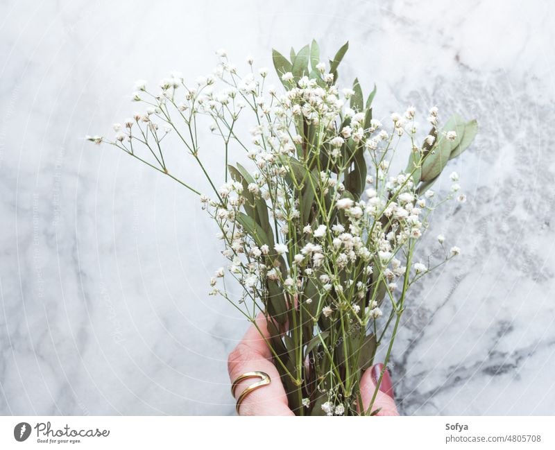 Bunch of dried flowers and eucaliptus branches on marble background dry female hand holding fall beautiful bunch winter floral bouquet woman zero waste