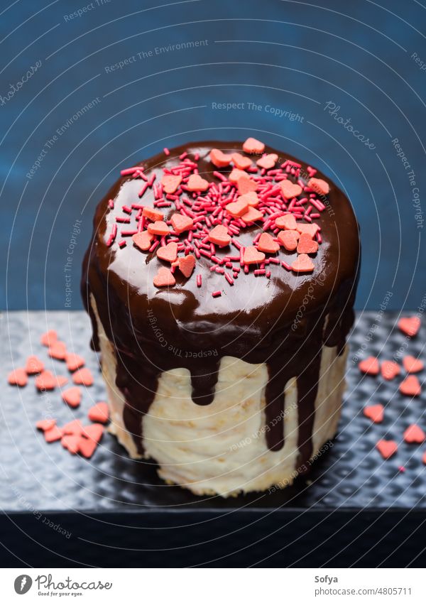 Cream cheese cake with chocolate glaze, sprinkles celebrate heart valentine romantic holiday decor cream decorate delicious dessert food gourmet pastry mother