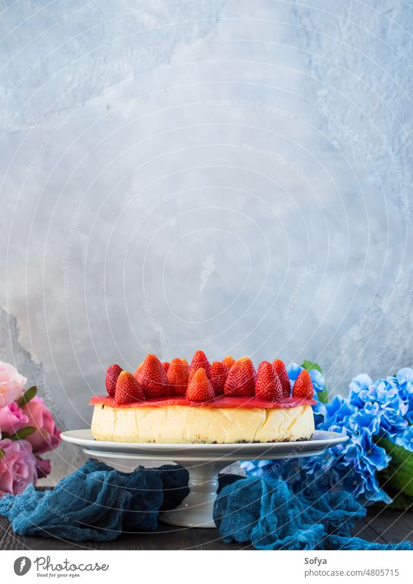 Home made strawberry baked cheese cake cheesecake background gray cream delicious fruit topping food sweet fresh home made pastry pie cake stand summer dessert