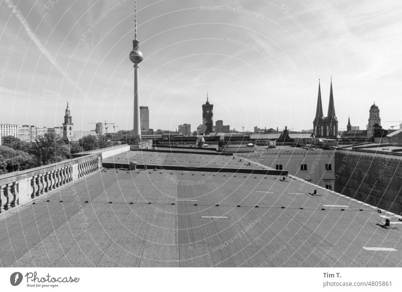 on a roof in Berlin Skyline bnw Television tower b/w Spring Roof Middle Day Exterior shot Deserted Town Black & white photo Capital city Architecture Downtown