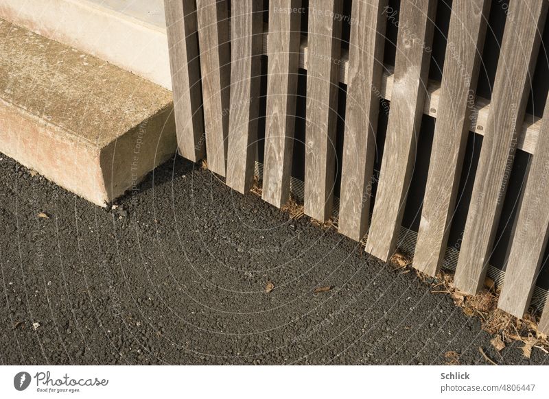 Asphalt wood concrete modern architecture in detail with error Wood larch wood Concrete Stairs step Diagonal Facade deformed wet concrete staircase Dog urine