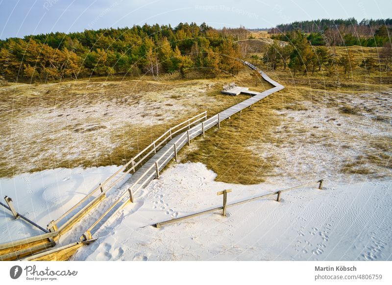 Hiking trail over a wooden footbridge to the high dune on the darss. National Park Footbridge footpath Baltic Sea sea sand beach sky Darrs Zingst lookout