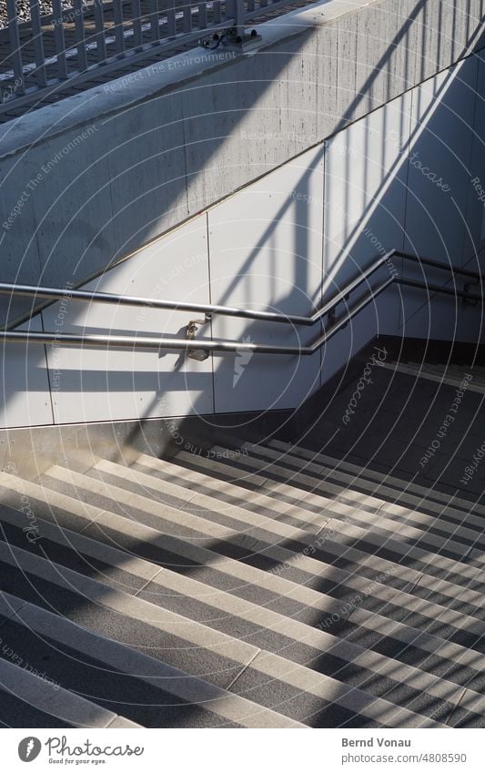 Shadow stair lines staircases rail Architecture Stairs Banister Structures and shapes Downward Gray Dark side Shadow play Perspective Oncoming traffic Sunlight