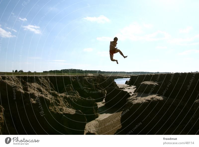 from nowhere to nowhere Jump Action Lake Summer Hover Movement Mining Sand Water Sky Silhouette Flying Joy fun Sun