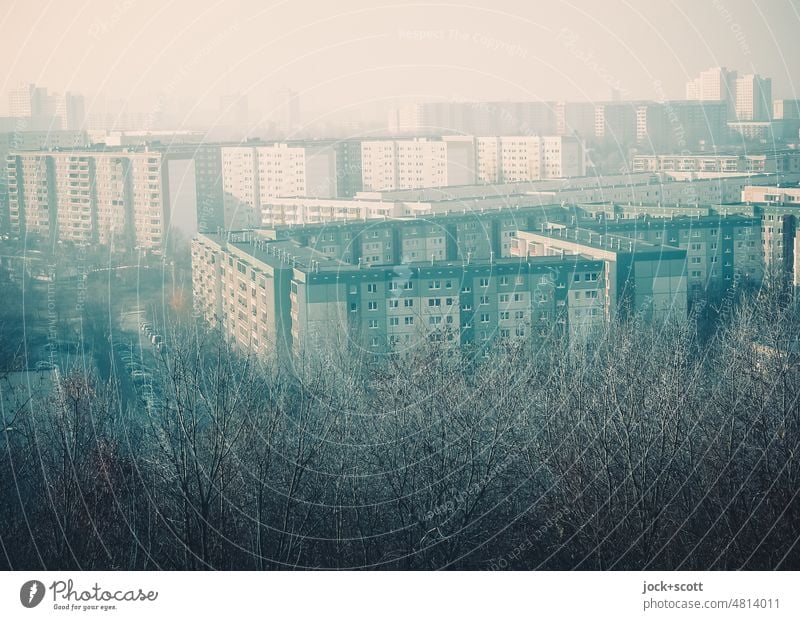 Plate view over redeveloped large housing estate Prefab construction Marzahn Berlin High-rise Facade GDR architecture dreariness Tower block Panorama (View)