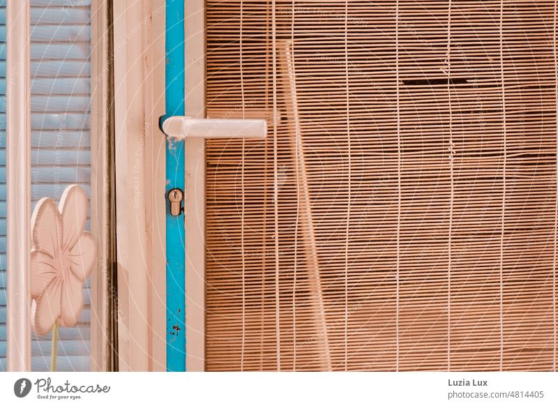 Old store door with bamboo blind and light blue, closed long ago. shop door Bright sunny Sunlight urban Closed bamboo roller blind Roller blind Venetian blinds