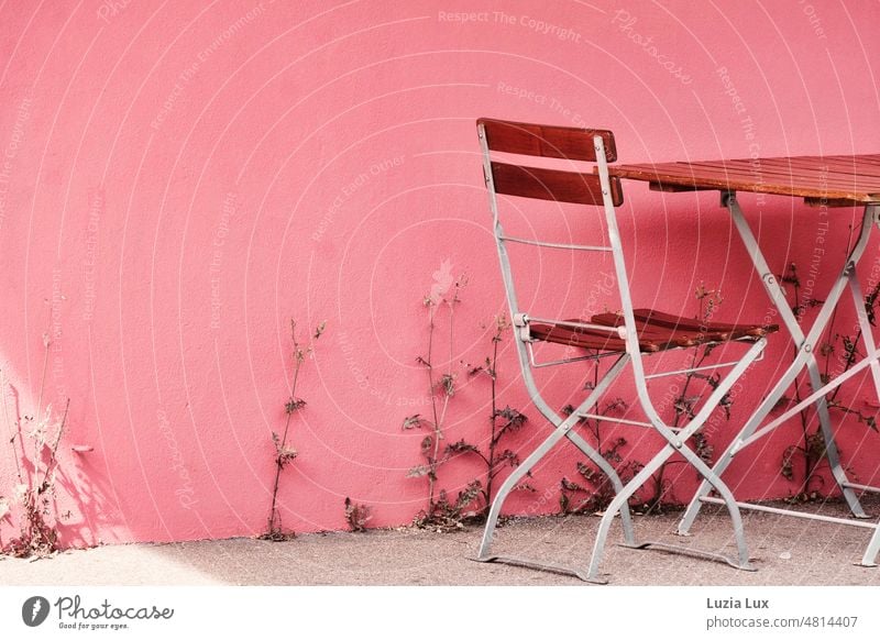 Table and chair of a street café, withering plants fight for light and water on the pink-painted wall of the house, the guests keep waiting. Town urban Pink