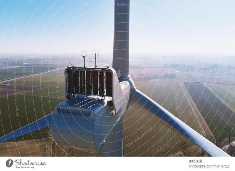 Aerial view of part of windmill turbine in countryside, Green energy generator wind turbine renewable sustainable power innovation eco protection climate save