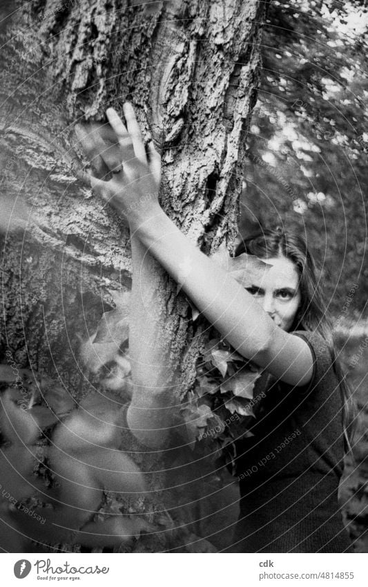Dream. Spell. Tree. | Guardian of the Threshold. | In the realm of elves, trolls and nature spirits. Woman portrait Black & white photo Feminine Looking oneself