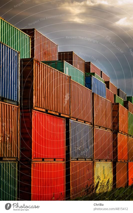 container stacks Sunlight Clouds Environment Day Light Exterior shot Blue Swabian Jura Container Red Navigation Logistics logistics Container cargo Trade