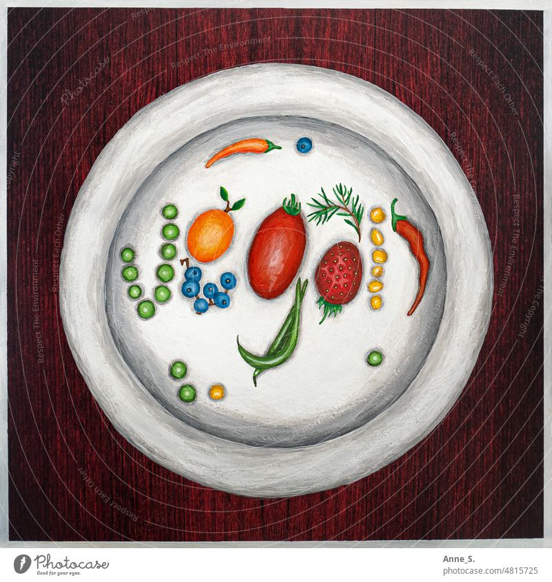 Painting of a plate on which fruits and vegetables form the word "vegan". Acrylic paint painting Vegan diet Painted Vegetarian diet veganism vegetarian