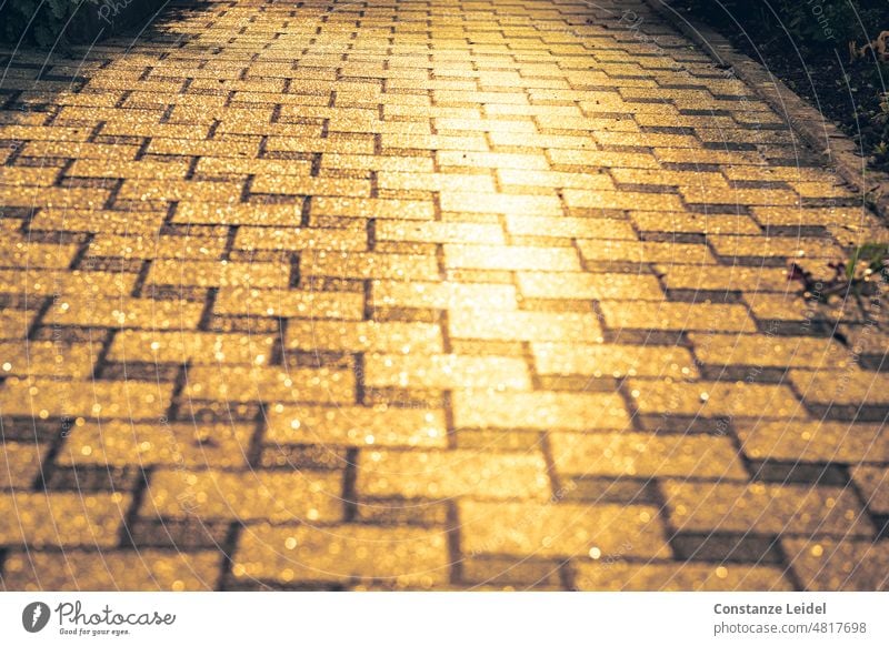 Glittering cobblestones of a courtyard driveway reflecting the sun gold. Traffic infrastructure squares Line Orientation Lanes & trails Sign Sidewalk