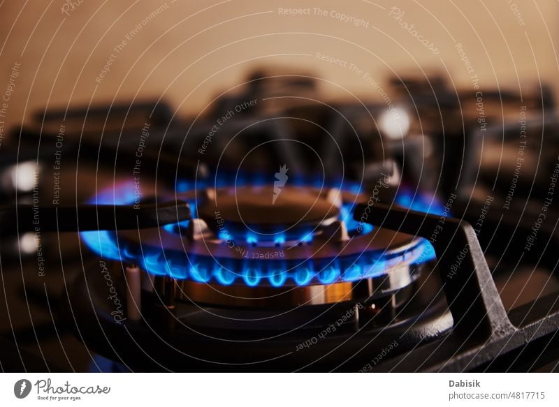 Gas stove with flame on burner, close up gas fire kitchen appliance blue danger top hob stovetop cooker home natural range butane domestic propane heat hot