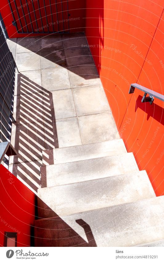 [UrbanNature HB] entrance area Stairs rail Architecture Banister Deserted stagger Pecking order Concrete steps Red walls Exterior shot Upward Downward