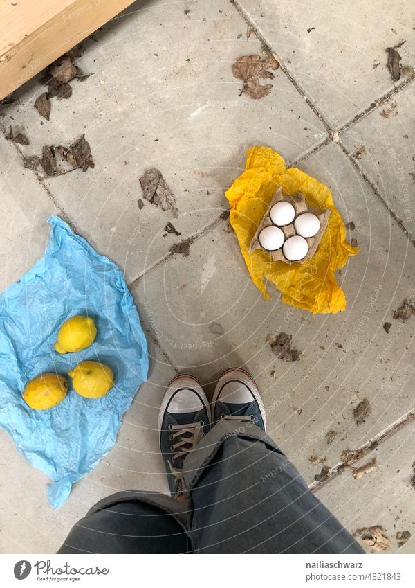 blue and yellow Blue Yellow eggs Lemon Legs Footwear jeans variegated Colour colourful Food Eating food products Jeans Ground blue-yellow Paper vegetarian