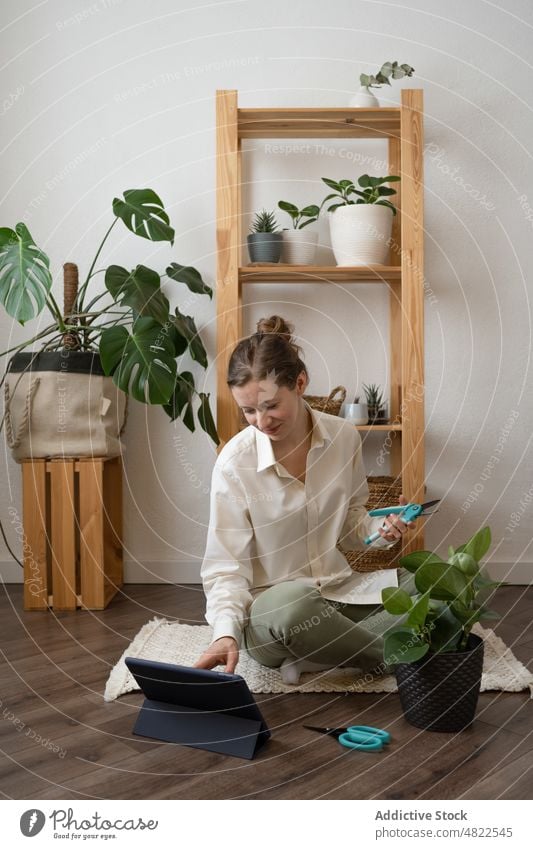 Young woman watching tutorial video on tablet before taking care of plant growth take care positive decor potted houseplant female young casual horticulture