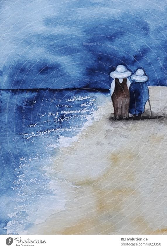 Illustration _Old people by the sea illustration Watercolors Ocean Couple in common Together Weather Happy Attachment Relationship Infatuation Trust Love Lovers