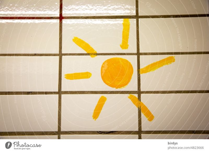 painted sun on a white tiled wall Sun Orange Radiant sun Abstract symbolism rays Painted Optimism Wall (building) Tile Positive Hope Structures and shapes