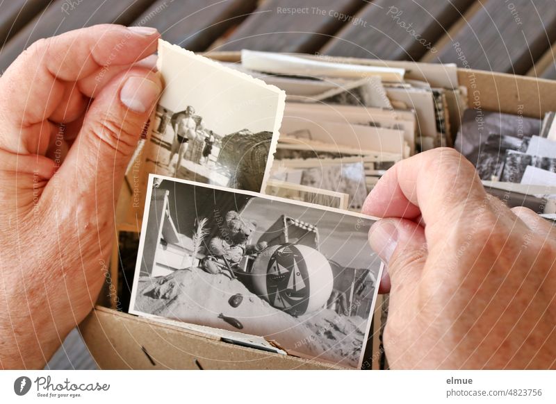 two hands of man holding old black and white photos from beach vacation to look at / vacation memory / analog photography Vacation pictures holiday memory