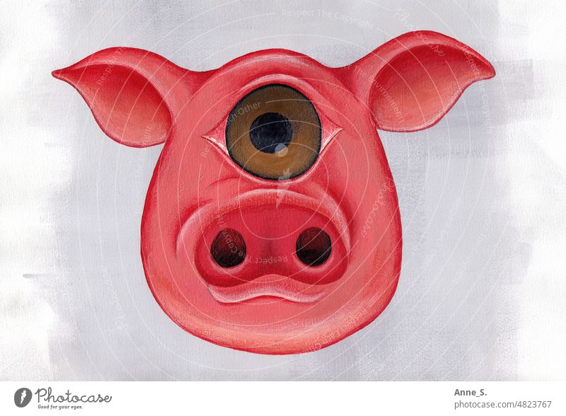 Pink pig with cyclops eye. Pigs Swine Farm Animal Animal portrait painting Portrait painting Painted Acrylic paint cute animal portrait illustration Eyes
