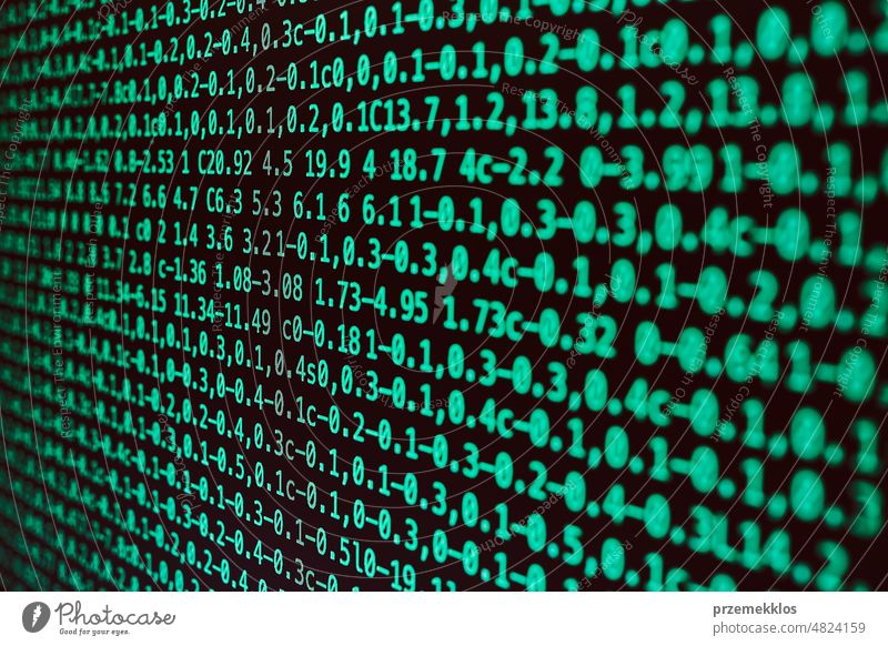 Digital data on computer screen. Green numbers and letters. Digital background. Data security and protection. Data in database digital big code texture