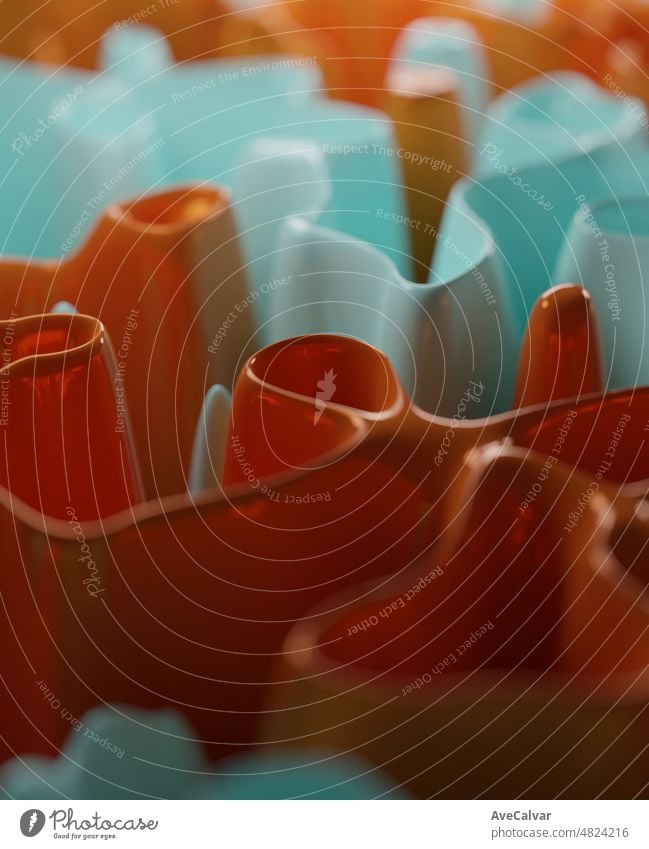 Curvy wave band orange and blue Surface. Modern Abstract 3D Background. 3D Render. Usable for Background, Wallpaper, Banner, Poster, Brochure, Card, Web, Presentation. modern geometric graphic design