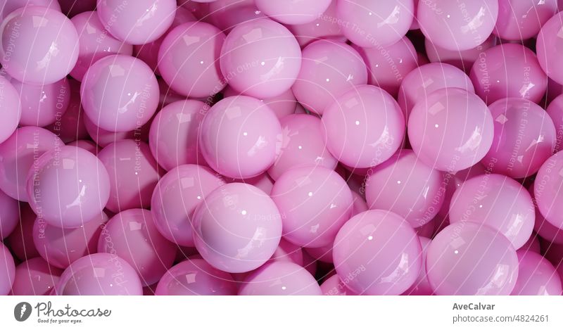 Background filled pink colorfull balls with 3D render of abstract spheres. Top view of many colorful balls in ball pool at indoors playground with copy space to add text or images