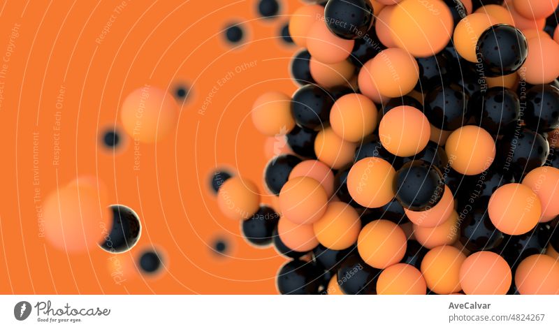 Realistic orange 3d background with organic spheres balls motion. Trendy cover or banner design template. Abstract dynamic motion balls 3d illustration. Moving spheres with noise vivid background