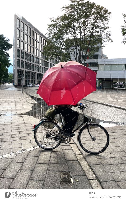 [UrbanNature HB] Riding a bike in the rain cyclists Cyclist Cycling Movement Umbrella Rain urban Puddle paved Tree Town Outdoors Mobility mobile Bicycle Street