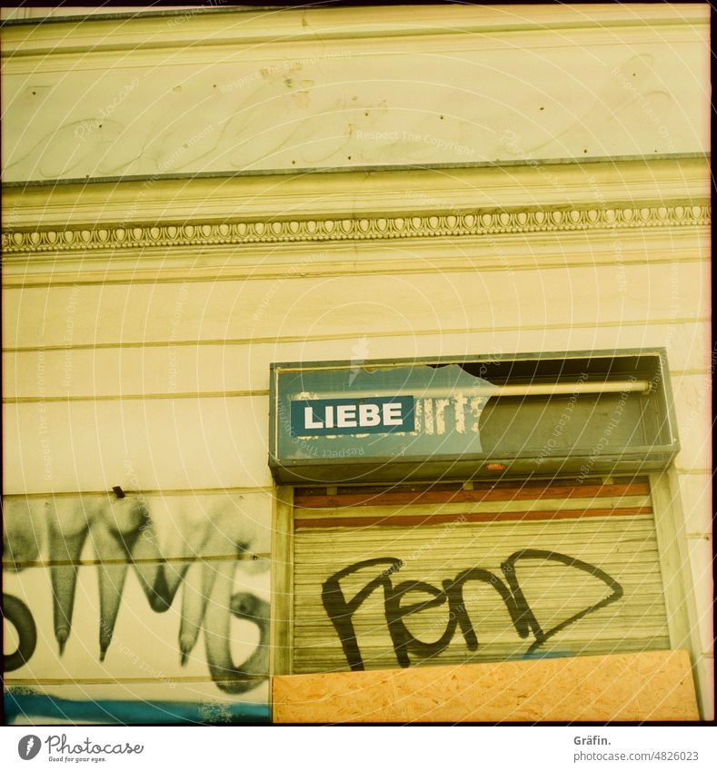 From love Termination Analog analogue photography Medium format vintage Graffiti Typography Characters sign outline Decline Lomography Exterior shot