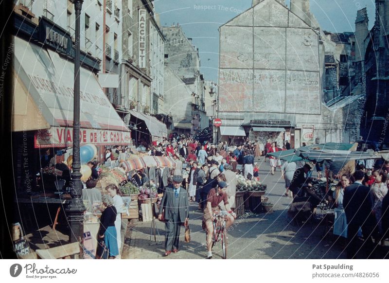A 1950's Picture of the Marketplace of La Rue Mouffetard in Paris, France Architecture Europe Travel Historic Building Beautiful Cityscape Vintage Food Urban