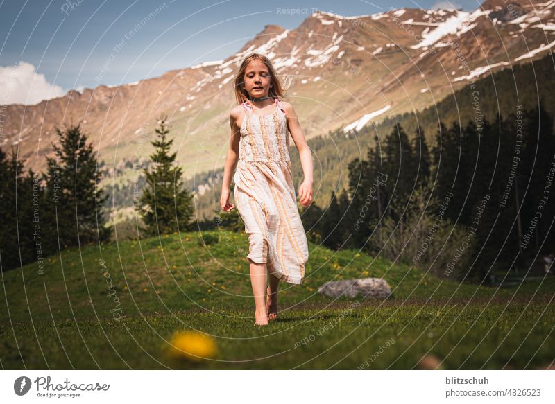 Mountain summer girl mountains free time Easygoing Happy mountain summer glad Outdoors Cheerful pleasure fun Joy Girl during the day Summer Child Running Jump