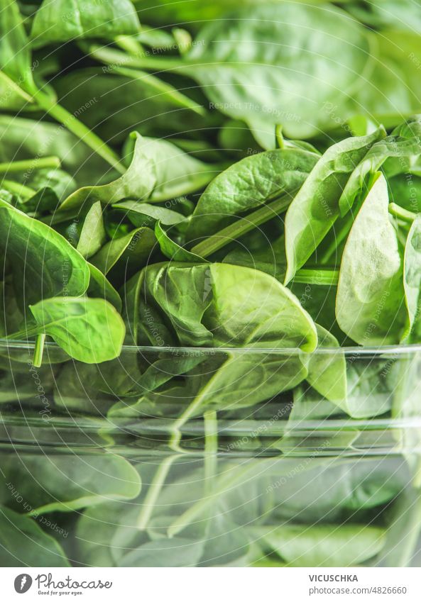 Green spinach leaves background in glass bowl. green healthy ingredient close up front view cooking dinner food fresh freshness leaf lunch nutrition organic