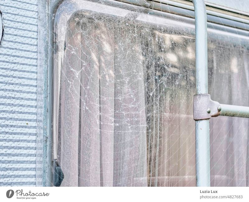 Behind the window of a disused mobile home still hangs a delicate white curtain, in front of it a large spider web Mobile home Caravan decommissioned Old