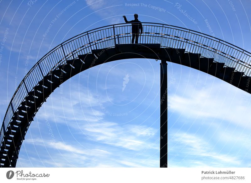 Altitude greeting Stairs Sky Man Human being Silhouette Wave Salutation Tall Above Duisburg resting area District NRW Blue north rhei-westphalia cloud