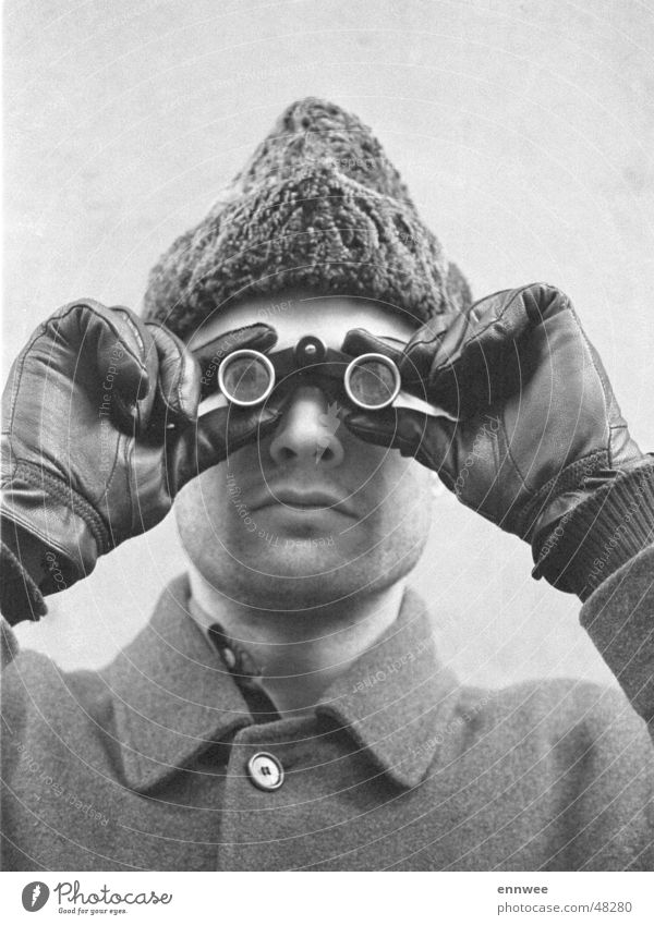 Self-portrait with opera glasses Opera glasses Winter Portrait photograph Cap Binoculars