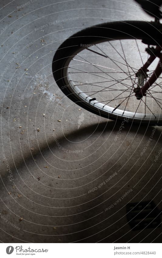 Part from a front wheel of a bicycle Bicycle Partial inclusion Wheel Spokes Wheel rim Bicycle tyre Deserted Tire Detail Colour photo free space below